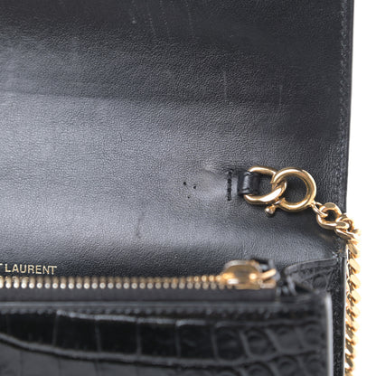 Saint Laurent Calfskin Crocodile Embossed Kate Monogram Tassel Chain Wallet Black 12 of 16