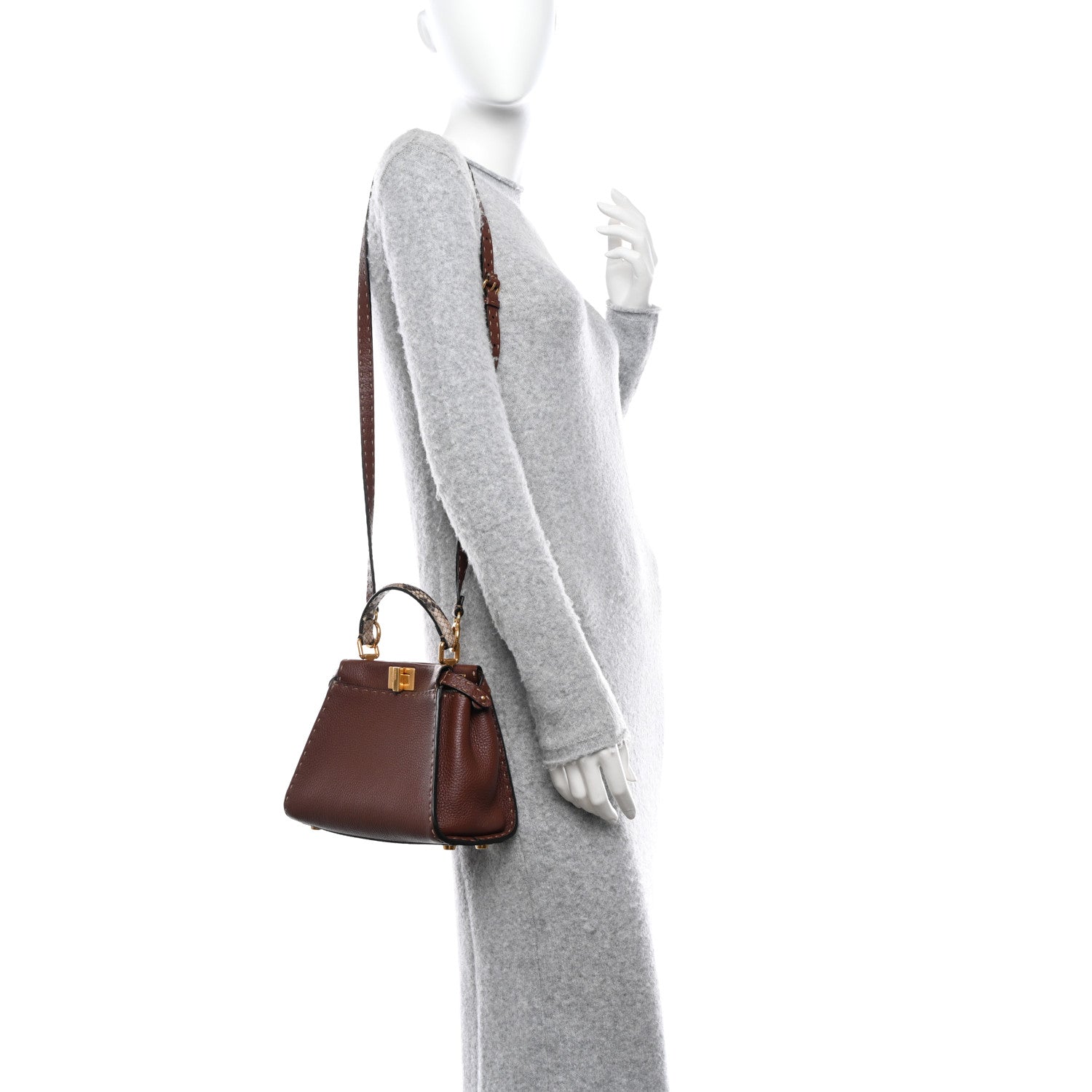 Fendi Cuoio Romano Snakeskin Selleria Bi-Color Mini Peekaboo Iconic Satchel Ghianda Camelia White 2 of 10