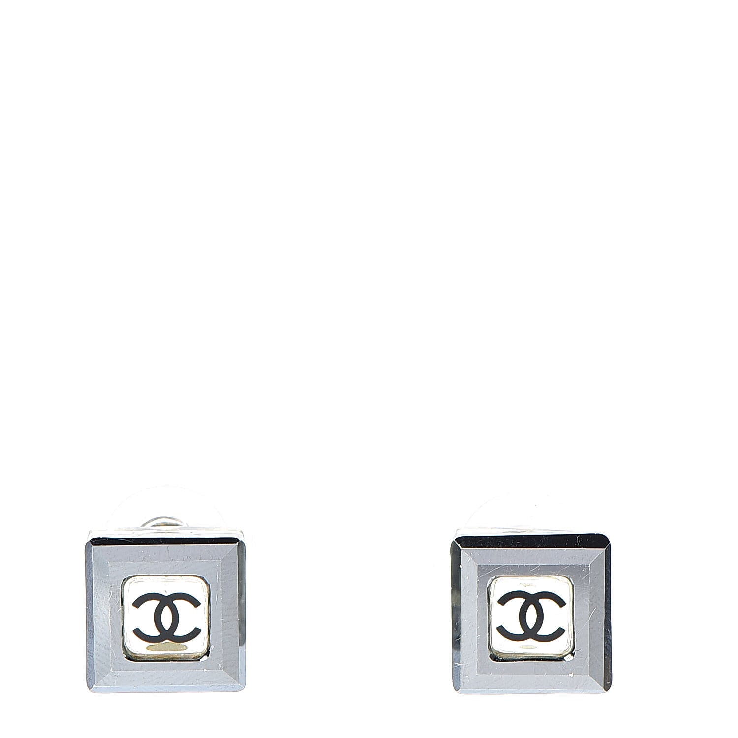 Chanel Resin CC Square Earrings Silver Black 1 of 5