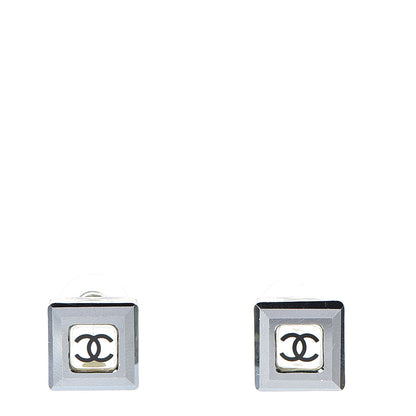 Chanel Resin CC Square Earrings Silver Black 1 of 5