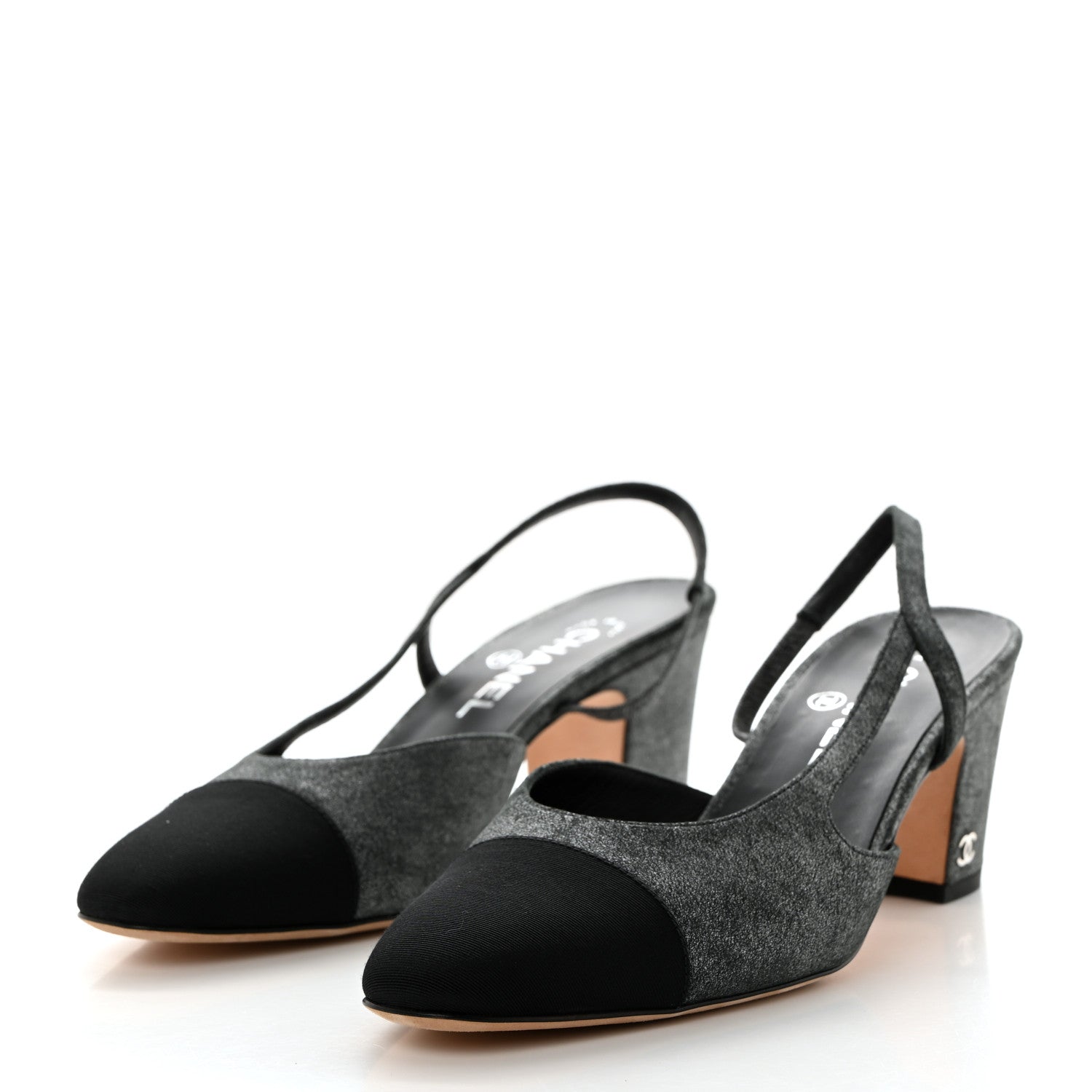 Chanel Wool Velvet Cap Toe CC Slingback Pumps 39.5 Black Grey 3 of 8