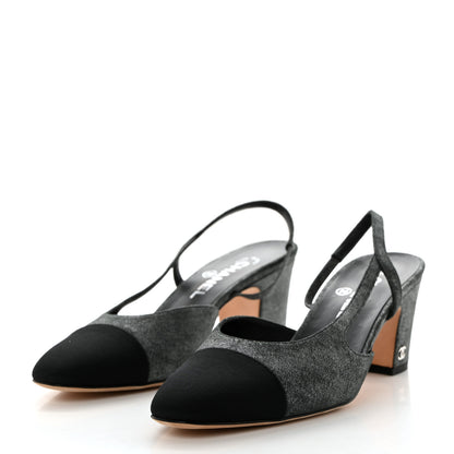 Chanel Wool Velvet Cap Toe CC Slingback Pumps 39.5 Black Grey 3 of 8