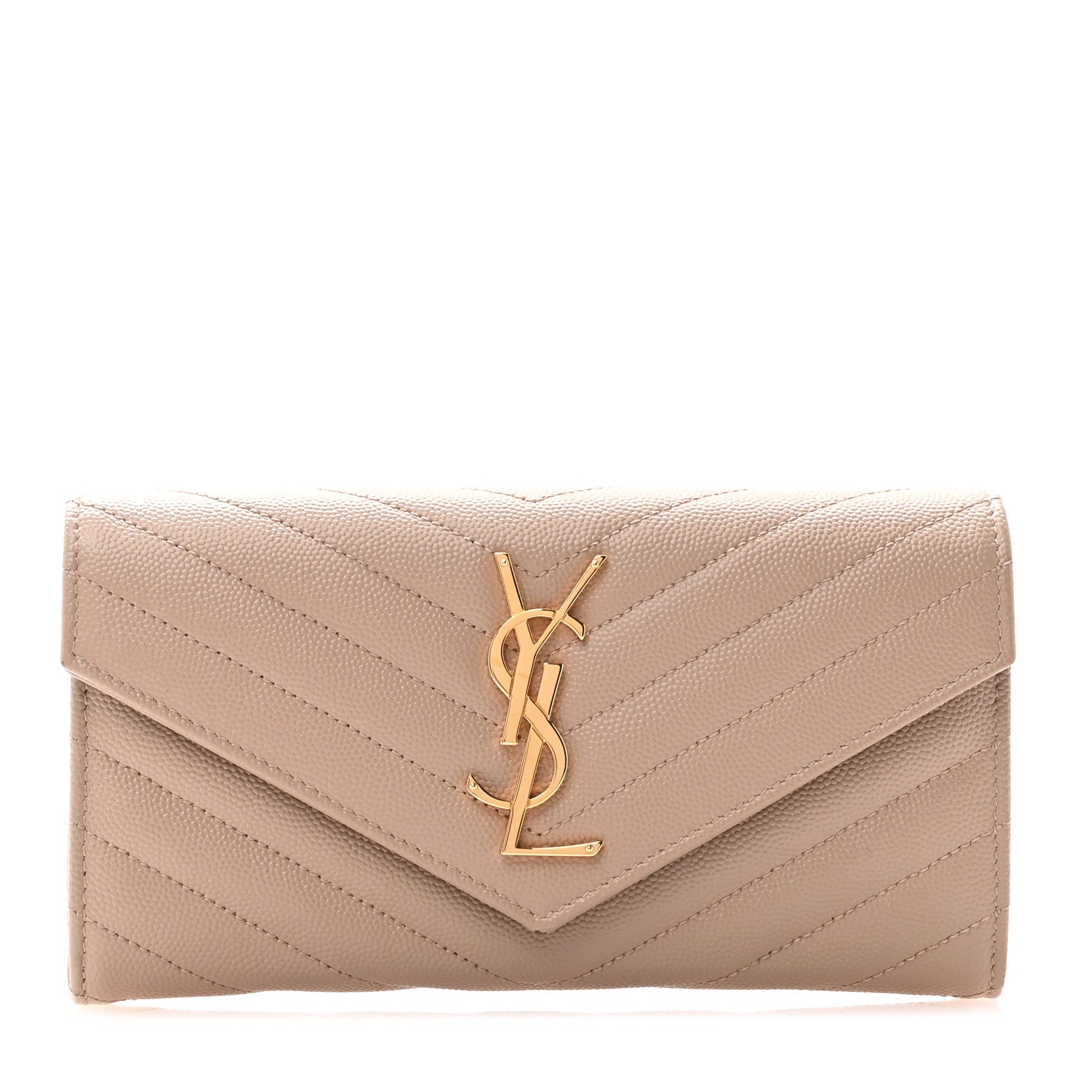 Saint Laurent Grain De Poudre Matelasse Chevron Monogram Flap Wallet Dark Beige 1 of 7