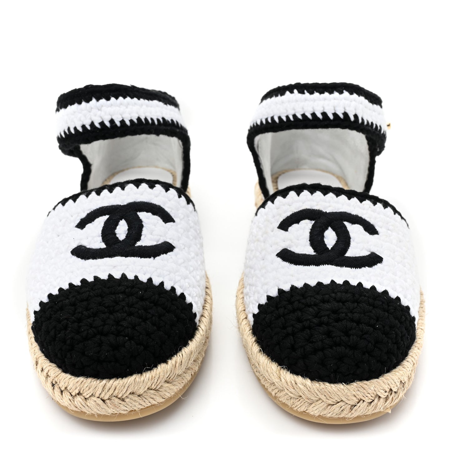 Braided Knit Cap Toe CC Ankle Strap Espadrilles 38 White Black