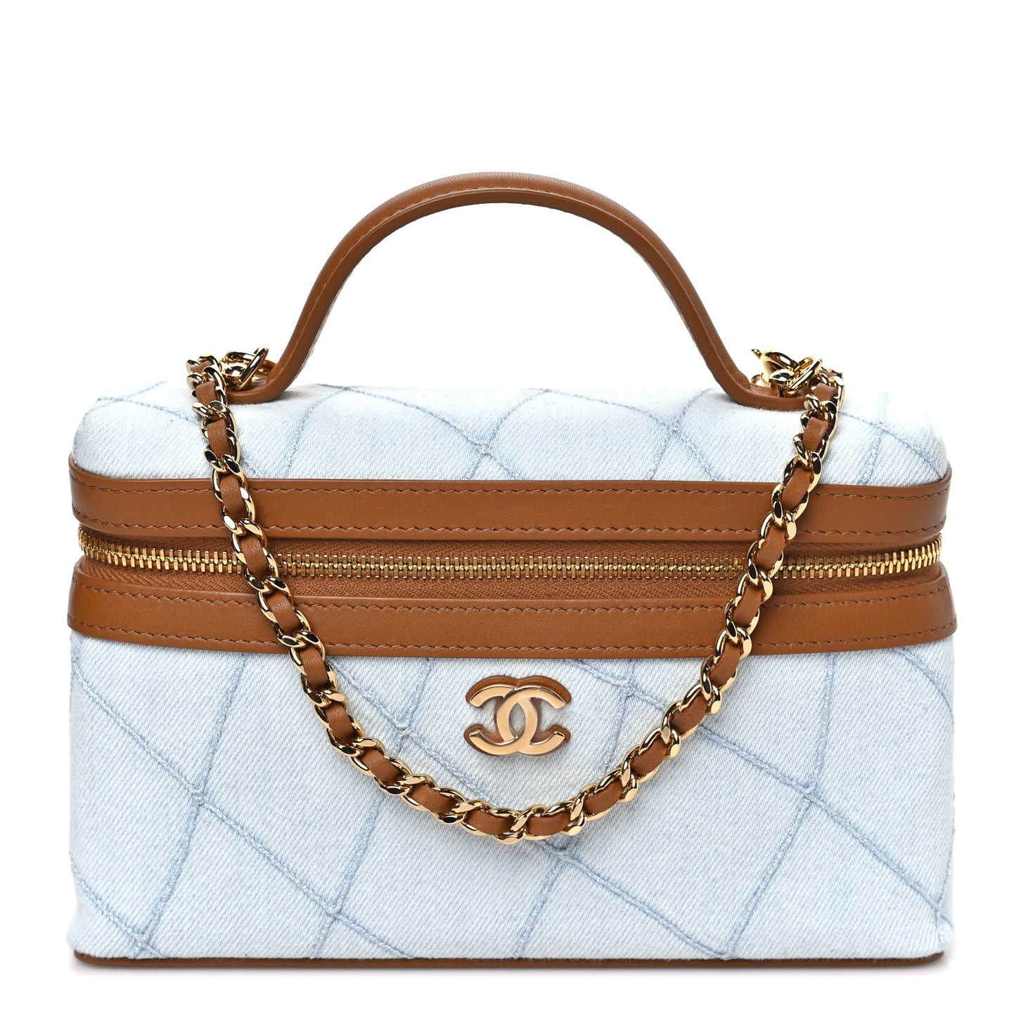 Washed Denim Calfskin Quilted Top Handle Slim Vanity Case With Chain Blue Brown