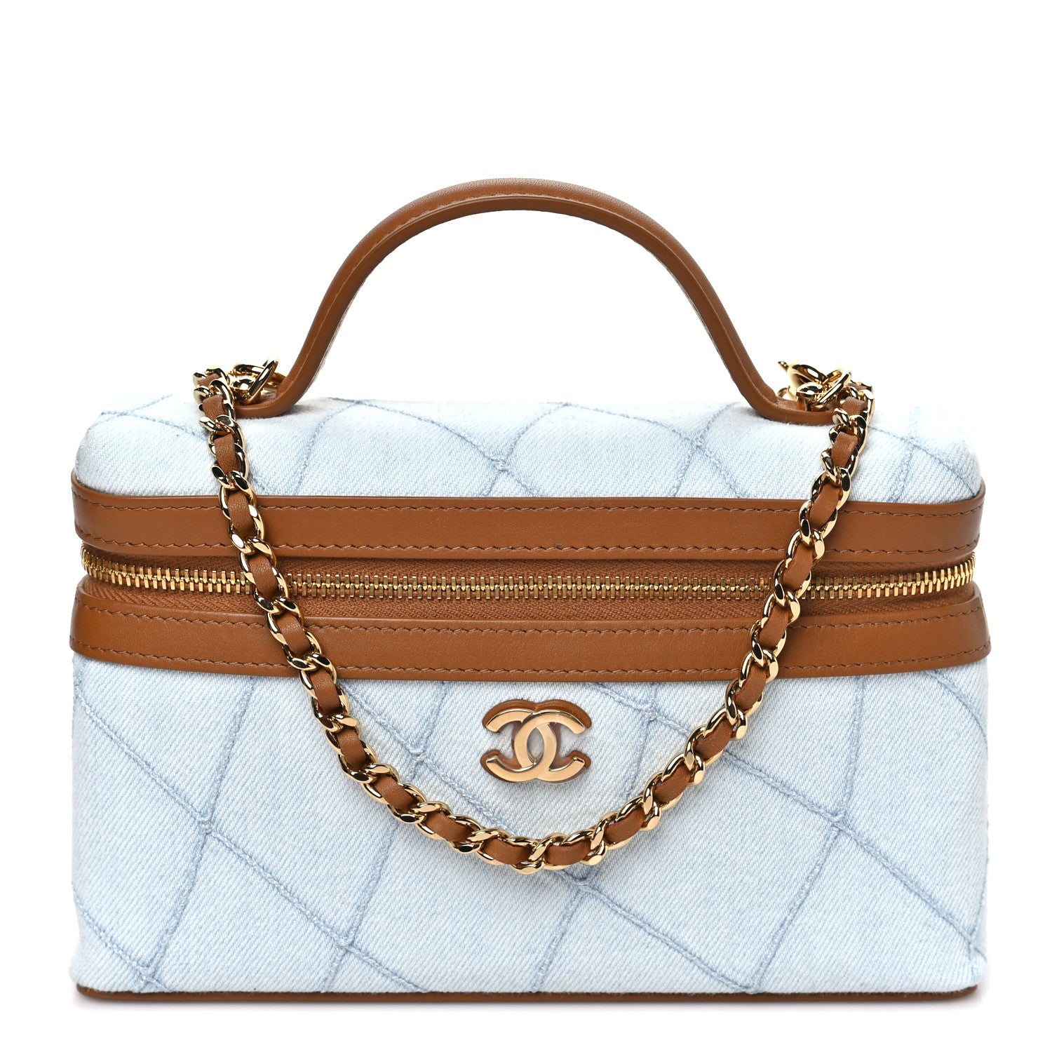 Chanel Washed Denim Calfskin Quilted Top Handle Slim Vanity Case With Chain Blue Brown 1 of 10