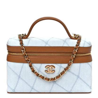 Chanel Washed Denim Calfskin Quilted Top Handle Slim Vanity Case With Chain Blue Brown 1 of 10
