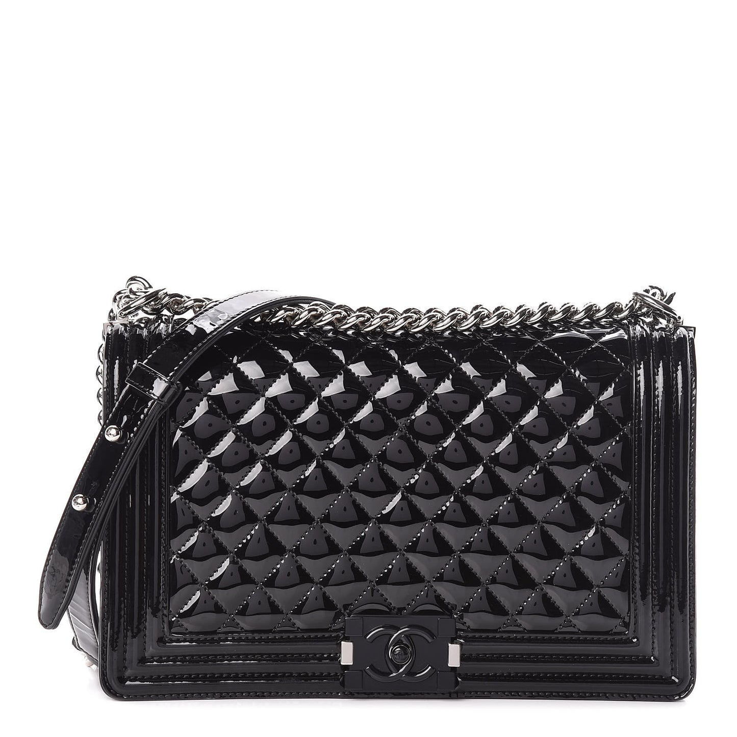 Patent Calfskin Quilted New Medium Plexiglass Boy Flap Black