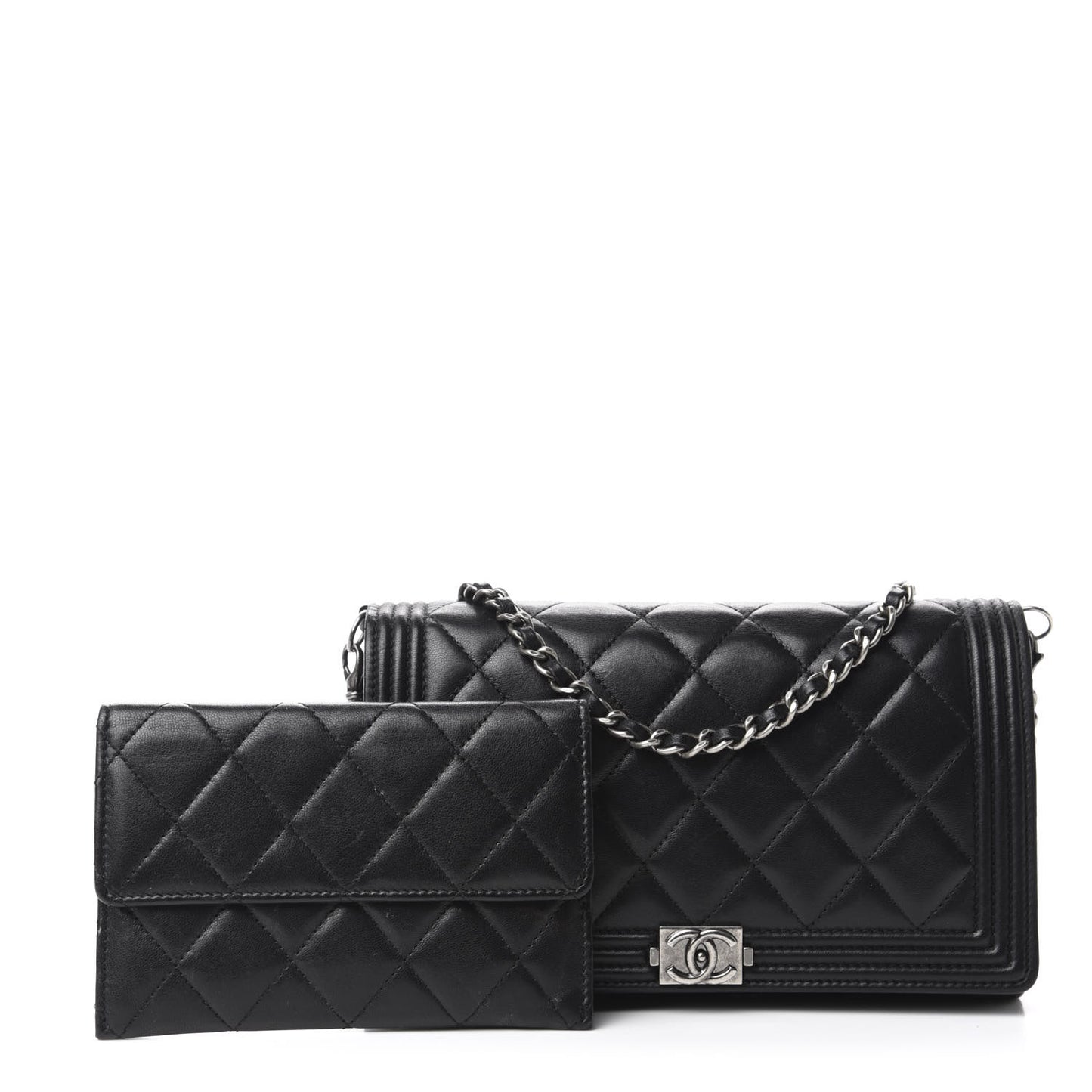 Lambskin Quilted Boy Wallet On Removable Chain WOC Black
