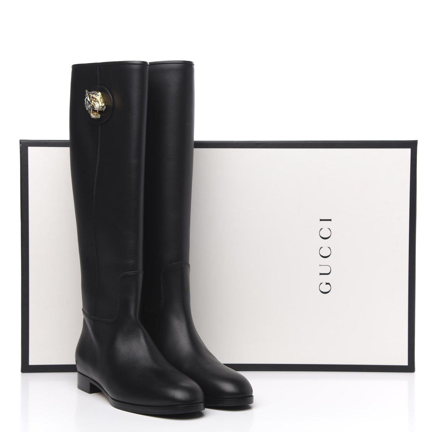 Calfskin Tiger Head Tall Boots 37 Black
