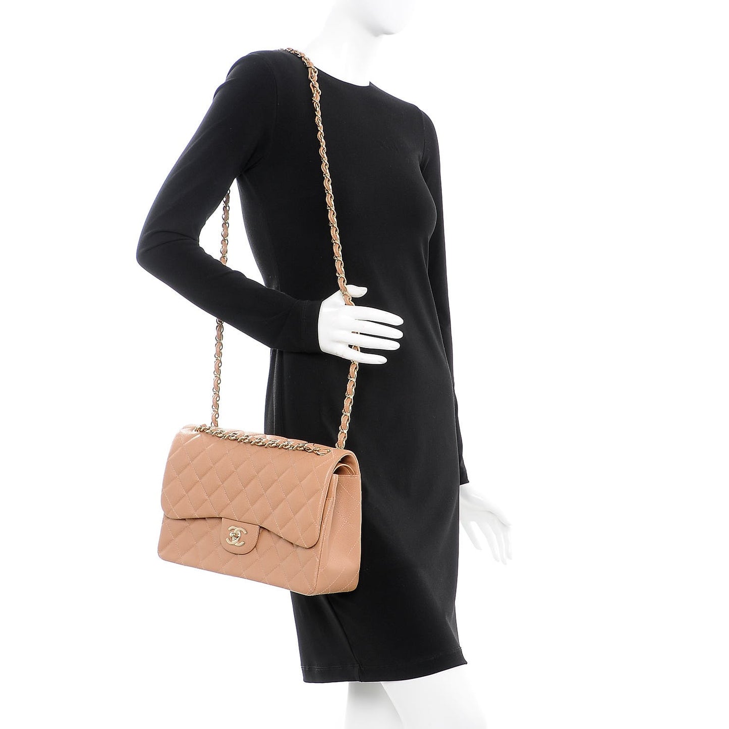 Caviar Quilted Jumbo Double Flap Beige