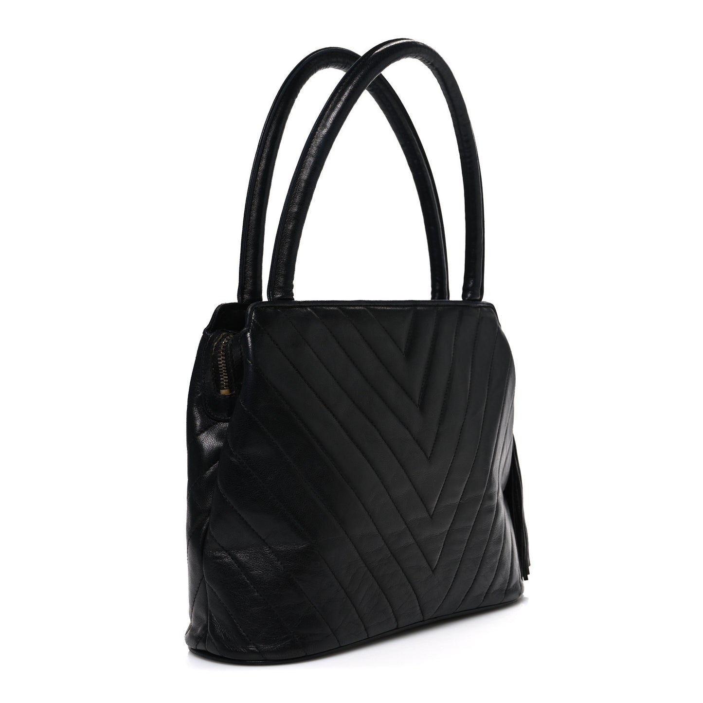 Lambskin Chevron Quilted Top Handle Tote Bag Black