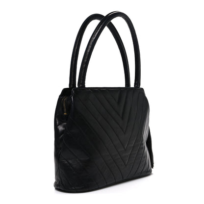 Chanel Lambskin Chevron Quilted Top Handle Tote Bag Black 3 of 11