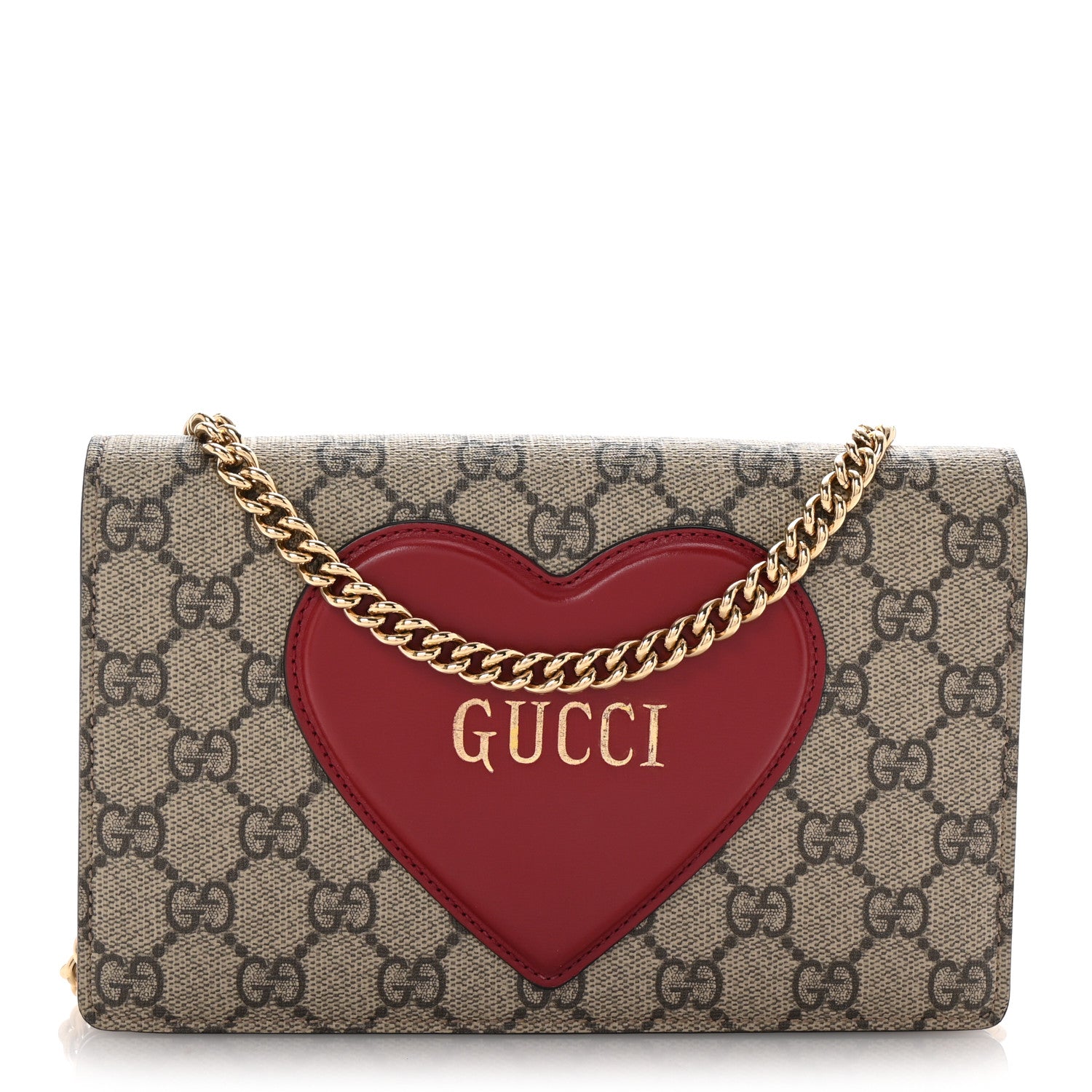 Gucci GG Supreme Monogram Script Logo Heart Wallet on Chain Beige Brown 1 of 10