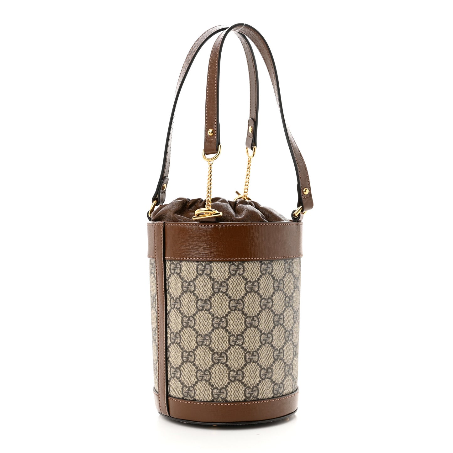 GG Supreme Monogram Azalea Sakai Calfskin Small Horsebit 1955 Drawstring Bucket Bag Beige Ebony Brown Sugar
