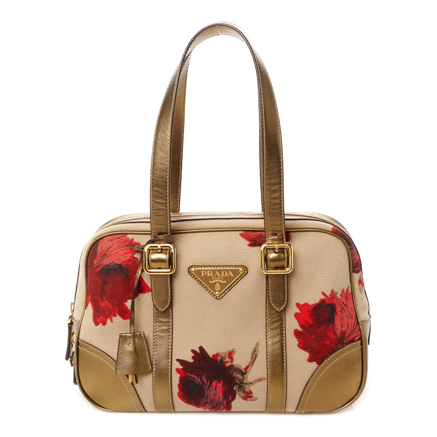 Metallic Saffiano Canvas Rose Print Top Handle Bag Corda Rosso