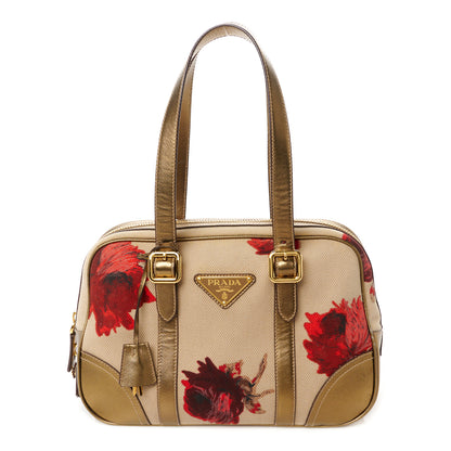 Prada Metallic Saffiano Canvas Rose Print Top Handle Bag Corda Rosso 1 of 11