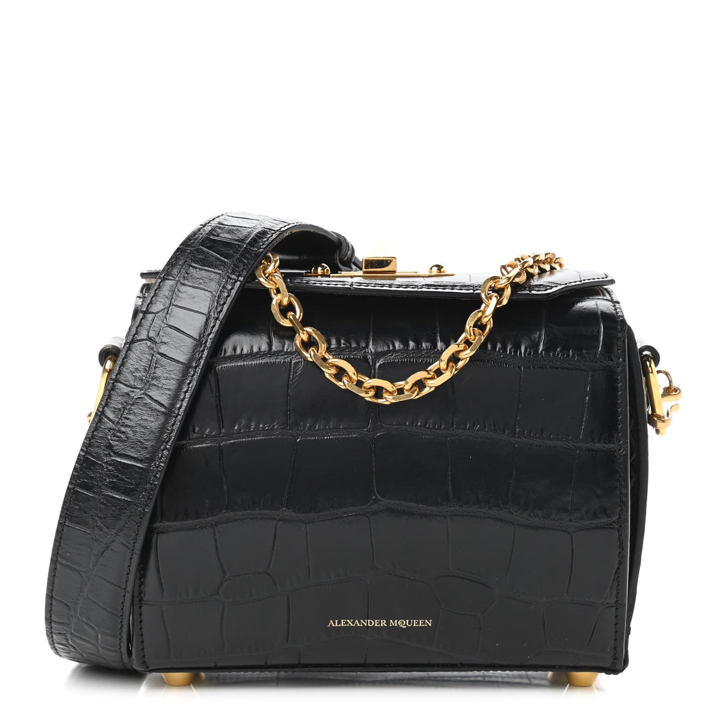Calfskin Crocodile Embossed Box Shoulder Bag 19 Black
