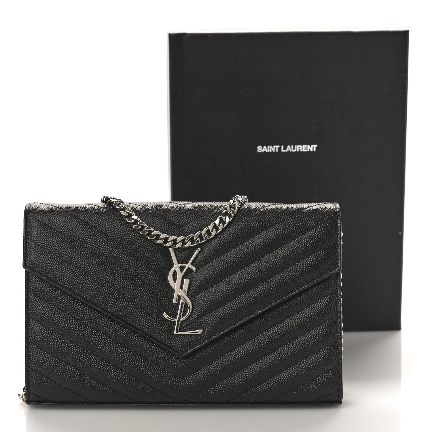 Saint Laurent Grain De Poudre Matelasse Chevron Monogram Chain Wallet Black 9 of 9