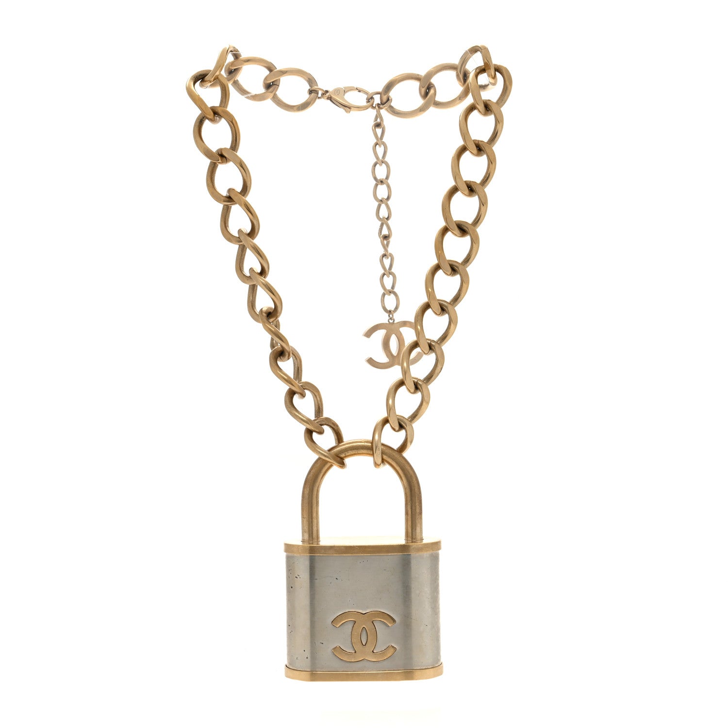 Chanel CC Oversized Padlock Necklace Gold Silver 3 of 4