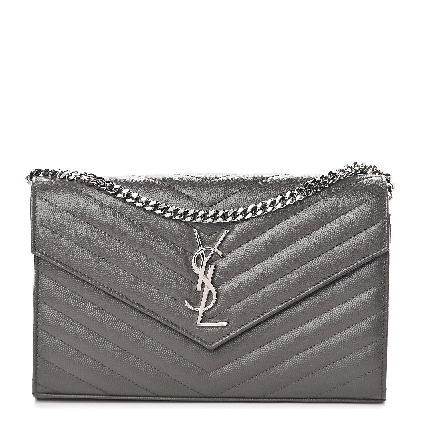 Saint Laurent Grain De Poudre Matelasse Chevron Monogram Chain Wallet Fog 1 of 6
