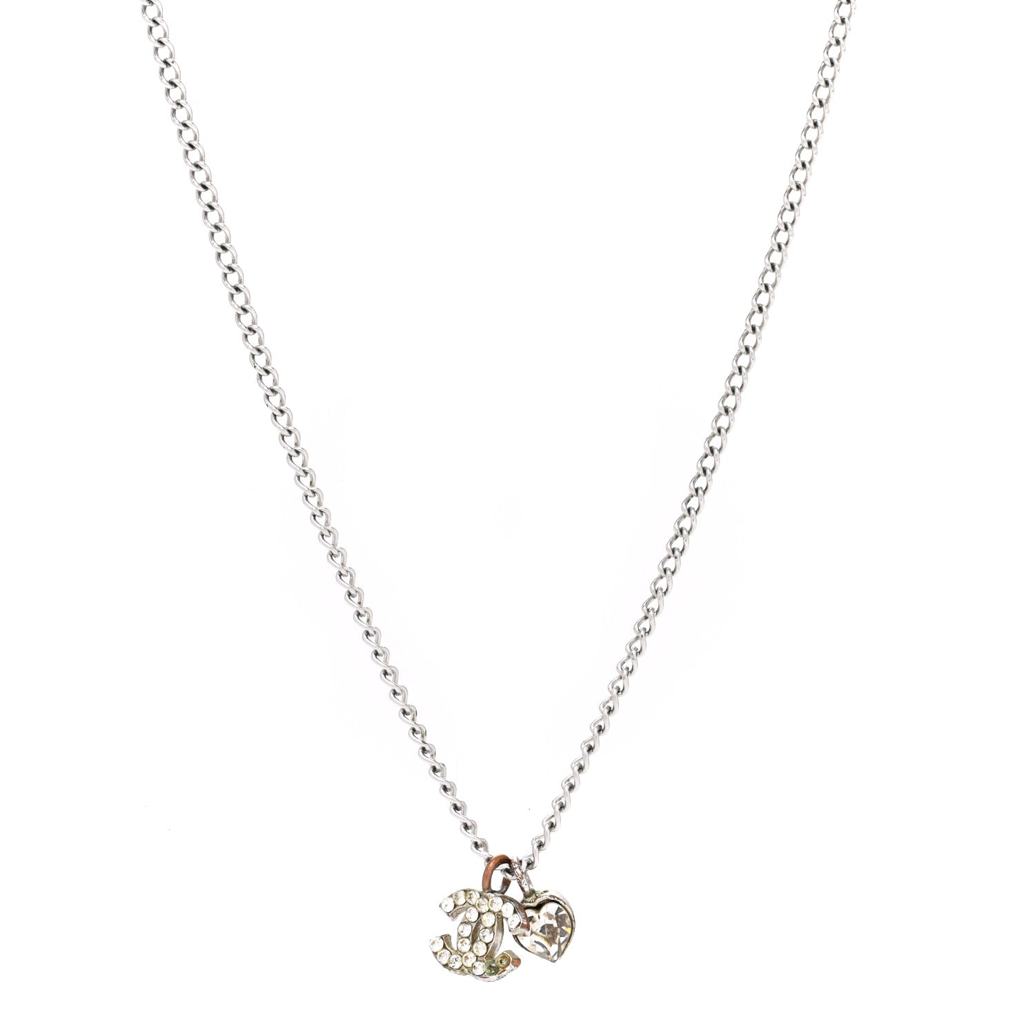 Chanel Crystal CC Heart Necklace Silver 1 of 7