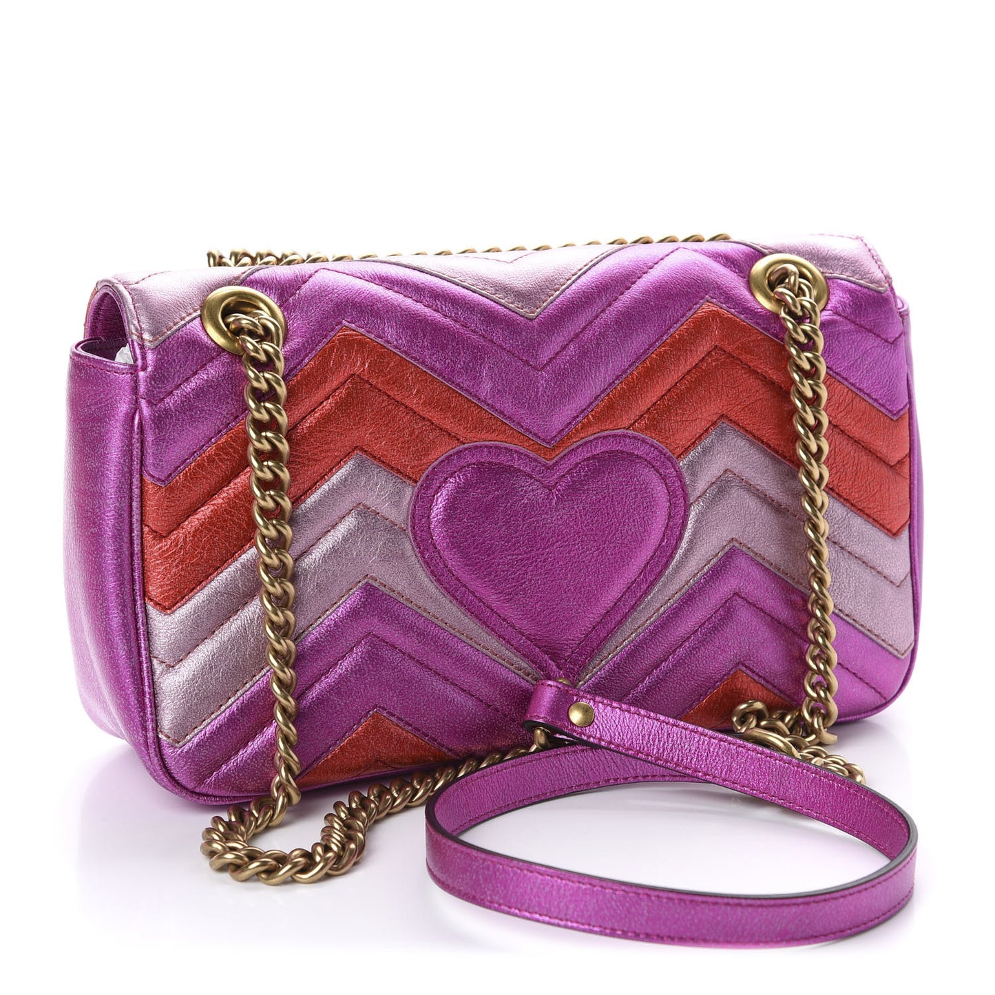 Metallic Calfskin Matelasse Small GG Marmont Shoulder Bag Fuchsia