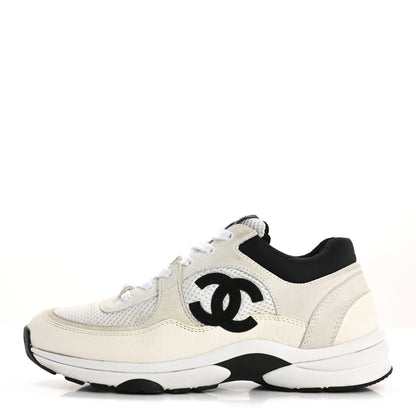 Chanel Mesh Suede Calfskin Grained Calfskin Womens CC Sneakers 38 White Black 1 of 14