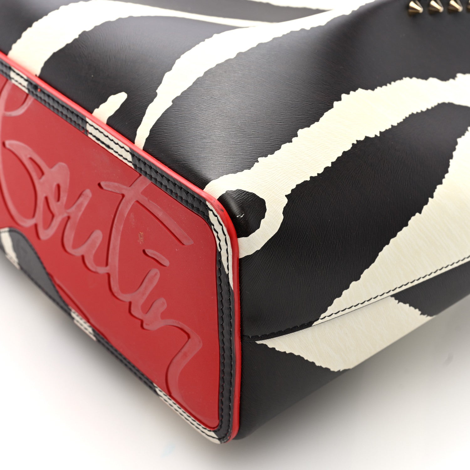 Christian Louboutin Calfskin Zebra Print Spiked Large Cabarock Shopper Tote Brown White 9 of 9