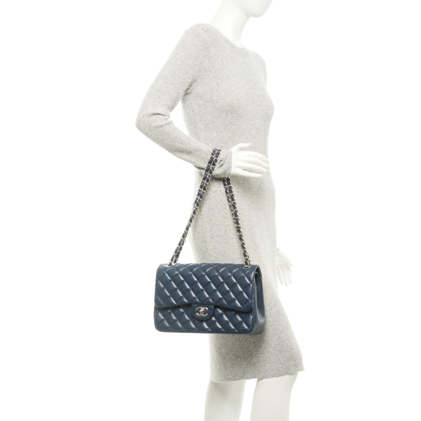 Caviar Quilted Jumbo Double Flap Navy Blue