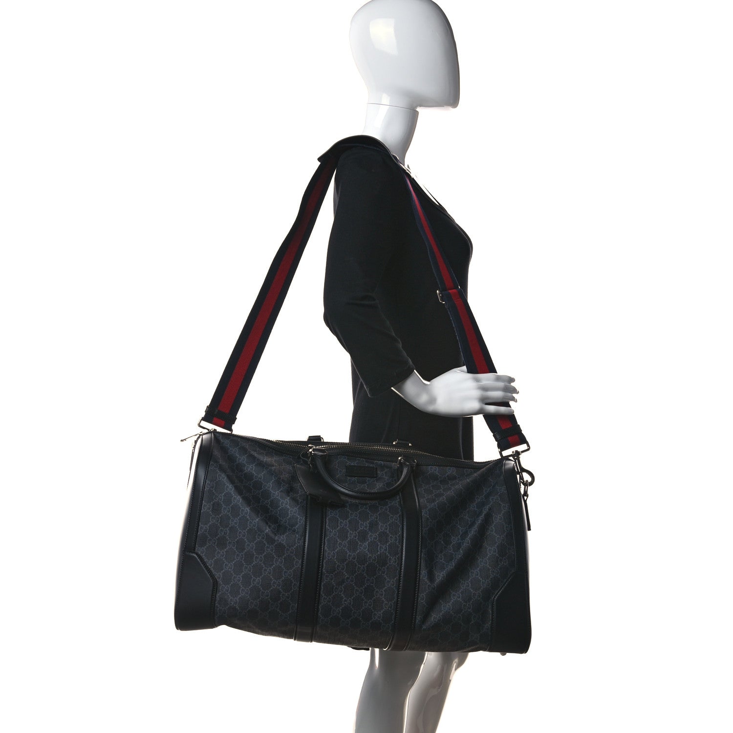 Gucci Soft GG Supreme Monogram Appia Calfskin Web Large Carry On Duffle Bag Black Grey 2 of 11