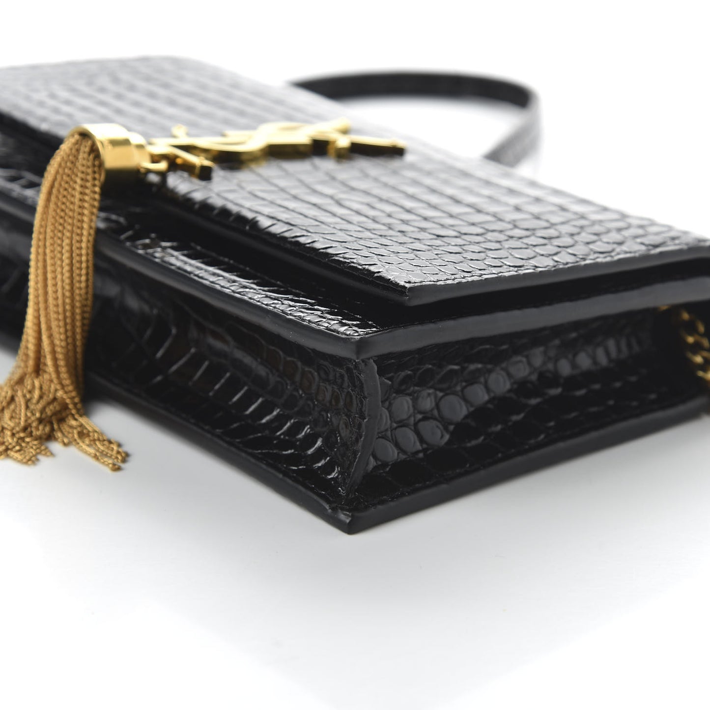 Calfskin Crocodile Embossed Kate Monogram Tassel Chain Wallet Black