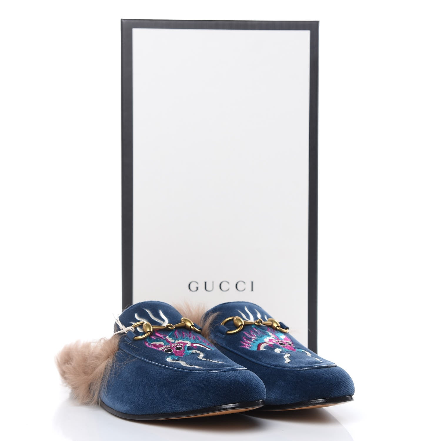 Gucci Velvet Fur Dragon Embroidered Mens Princetown Slippers 6 Zaffre Dark Zaffre 9 of 9