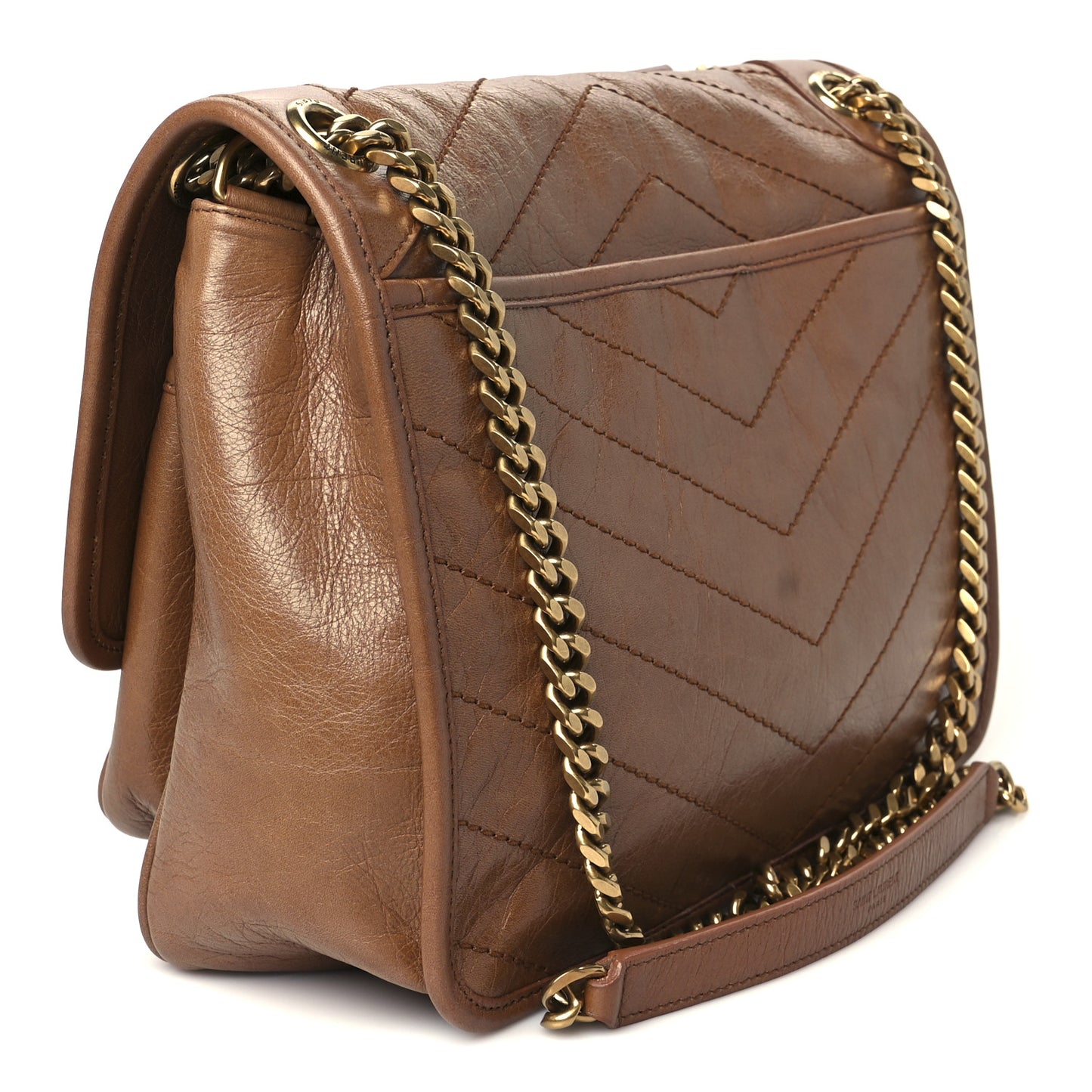 Crinkled Calfskin Matelasse Monogram Medium Niki Chain Satchel Caramel