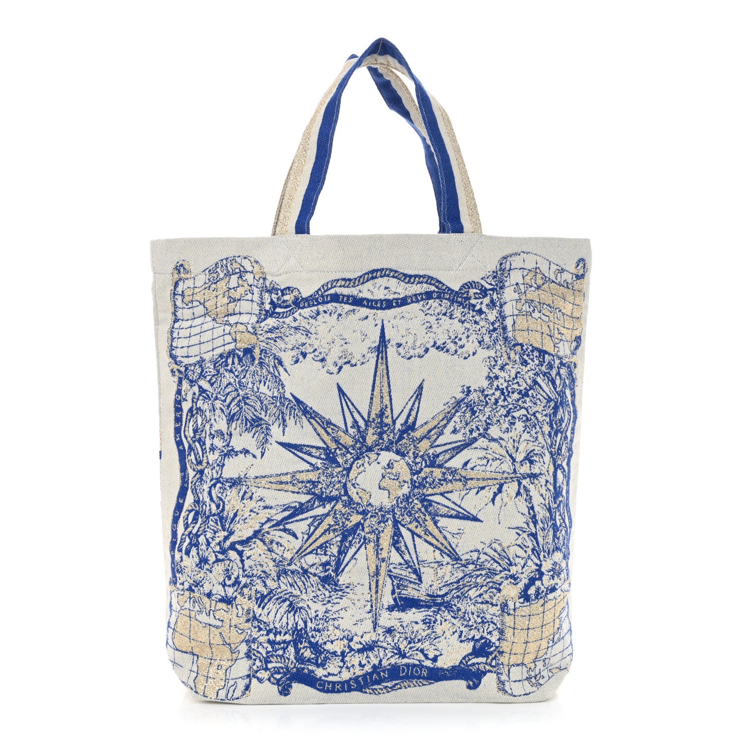 Christian Dior Canvas Print Tote Ivory Blue 1 of 12