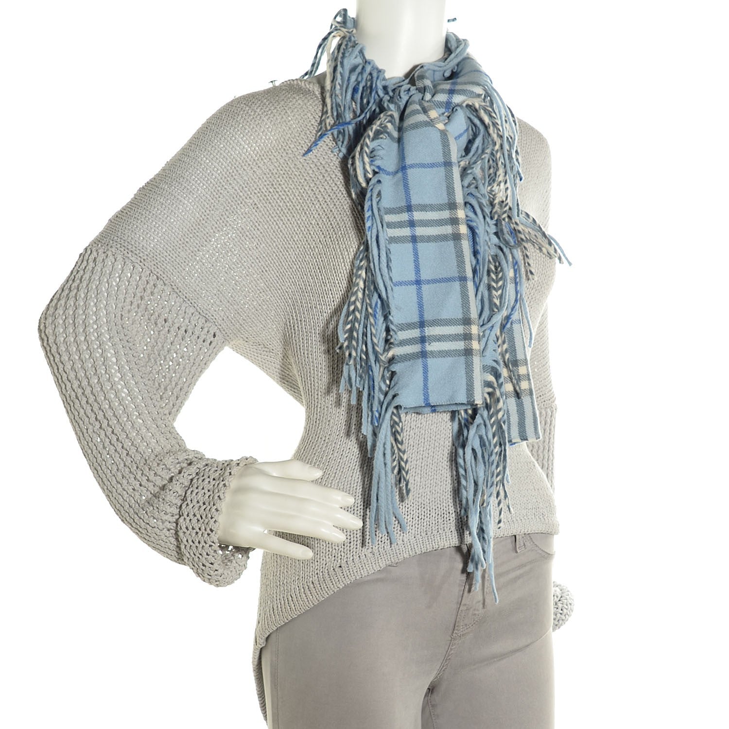 Burberry Cashmere Check Happy Fringe Scarf Light Blue 2 of 4