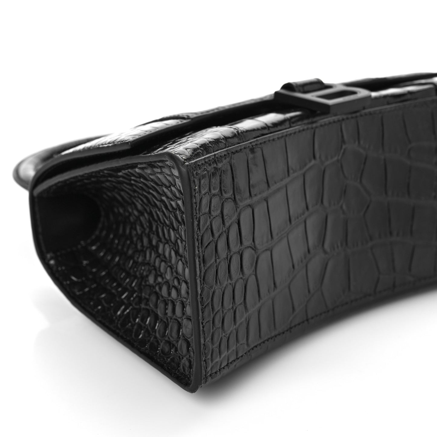 Shiny Calfskin Monochrome Crocodile Embossed Small Hourglass Top Handle Bag Black