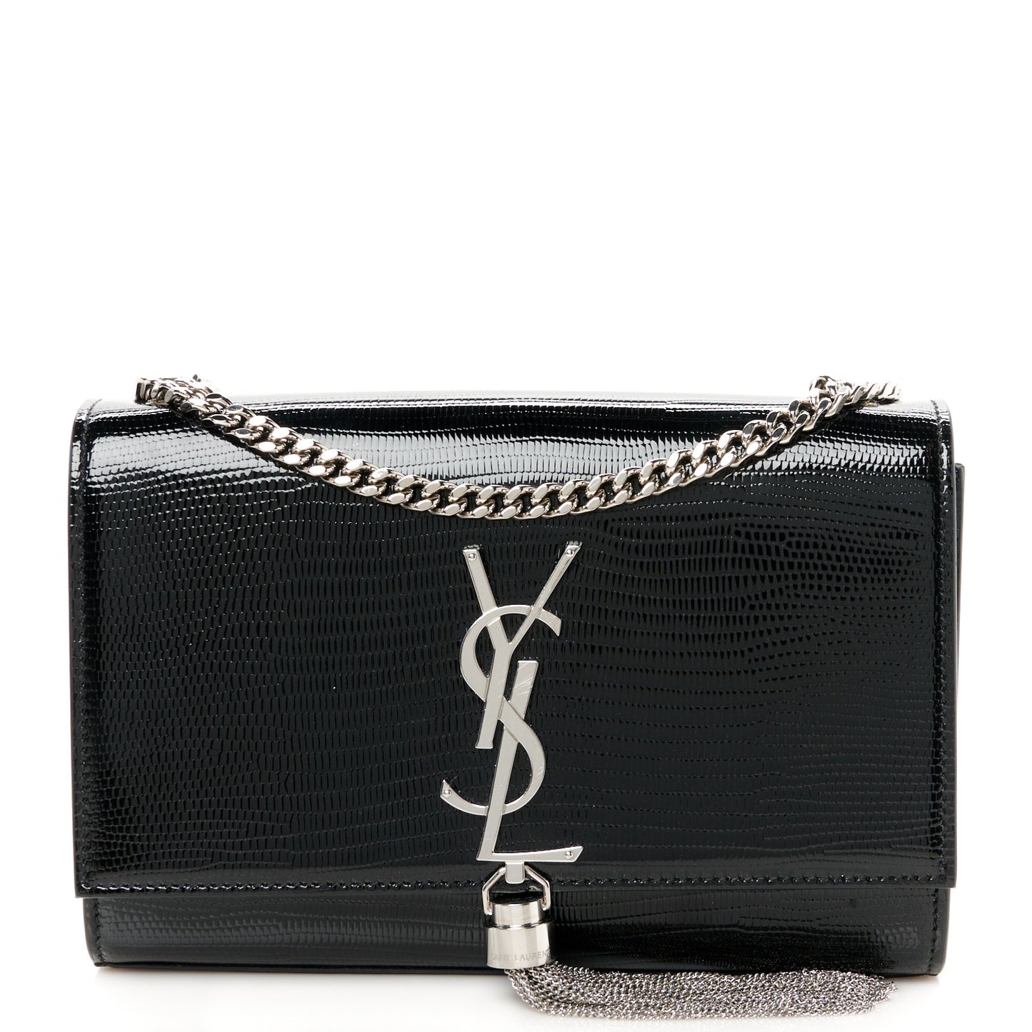 Calfskin Lizard Embossed Small Classic Monogram Kate Tassel Satchel Black