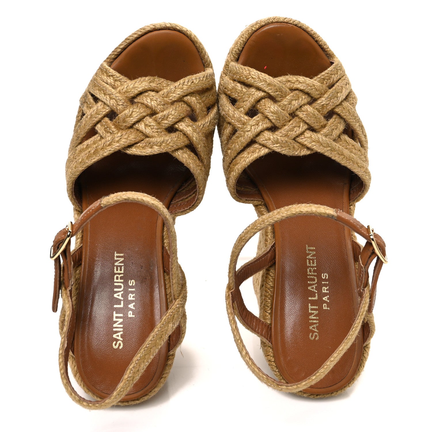 Saint Laurent Raffia Calfskin Platform Espadrille Wedge Sandals 35.5 Caramel 2 of 10