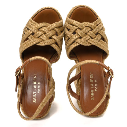 Saint Laurent Raffia Calfskin Platform Espadrille Wedge Sandals 35.5 Caramel 2 of 10