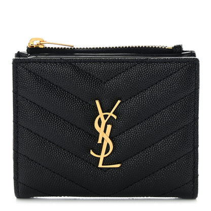 Saint Laurent Grain De Poudre Matelasse Chevron Monogram Zipped Card Case Black 1 of 11