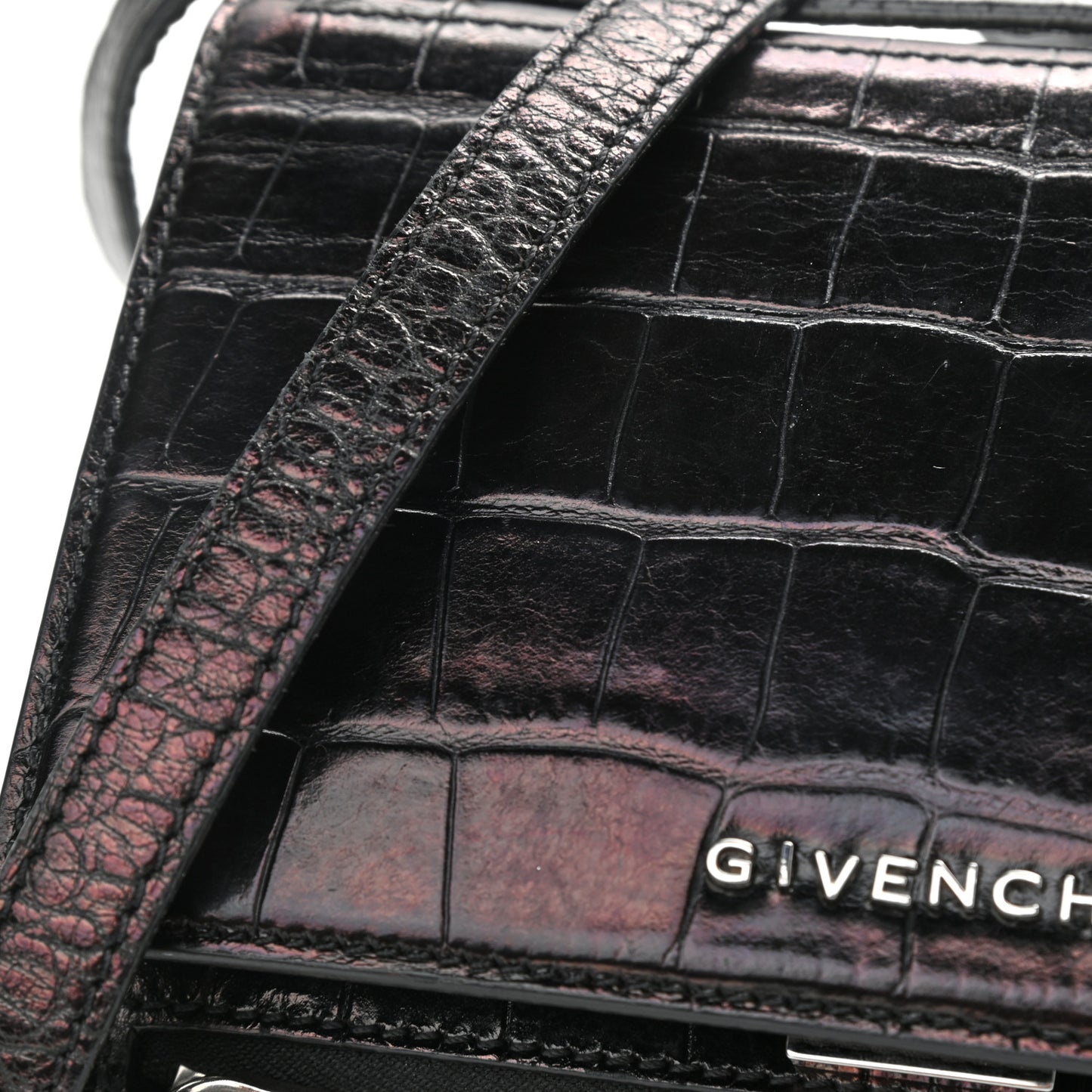 Calfskin Crocodile Embossed Mini Pandora Box Crossbody Bag Black