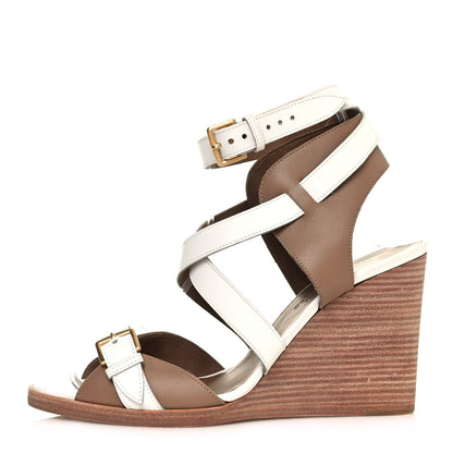 Hermes Calfskin Giorno Wedge Sandals 37.5 Beige White 1 of 9