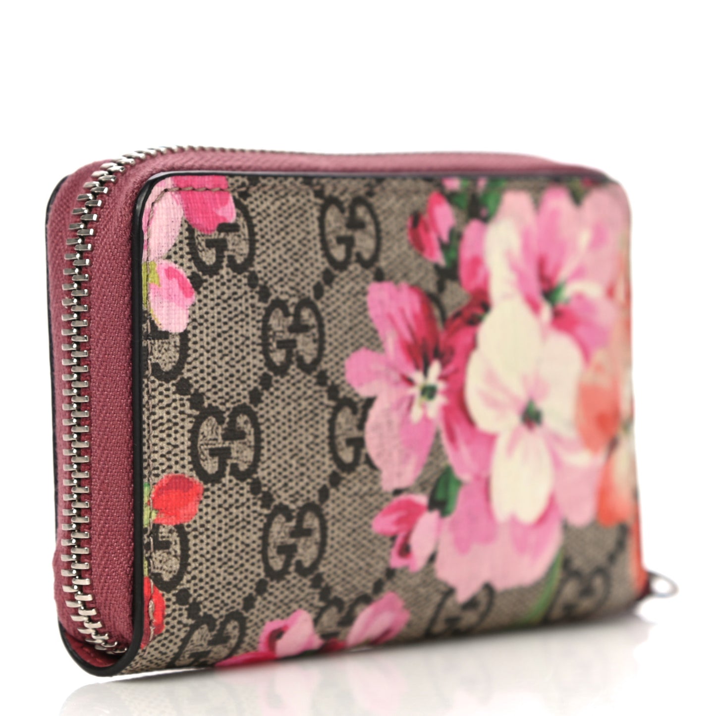 GG Supreme Monogram Blooms Zip Around Card Case Wallet Beige Multicolor Dry Rose