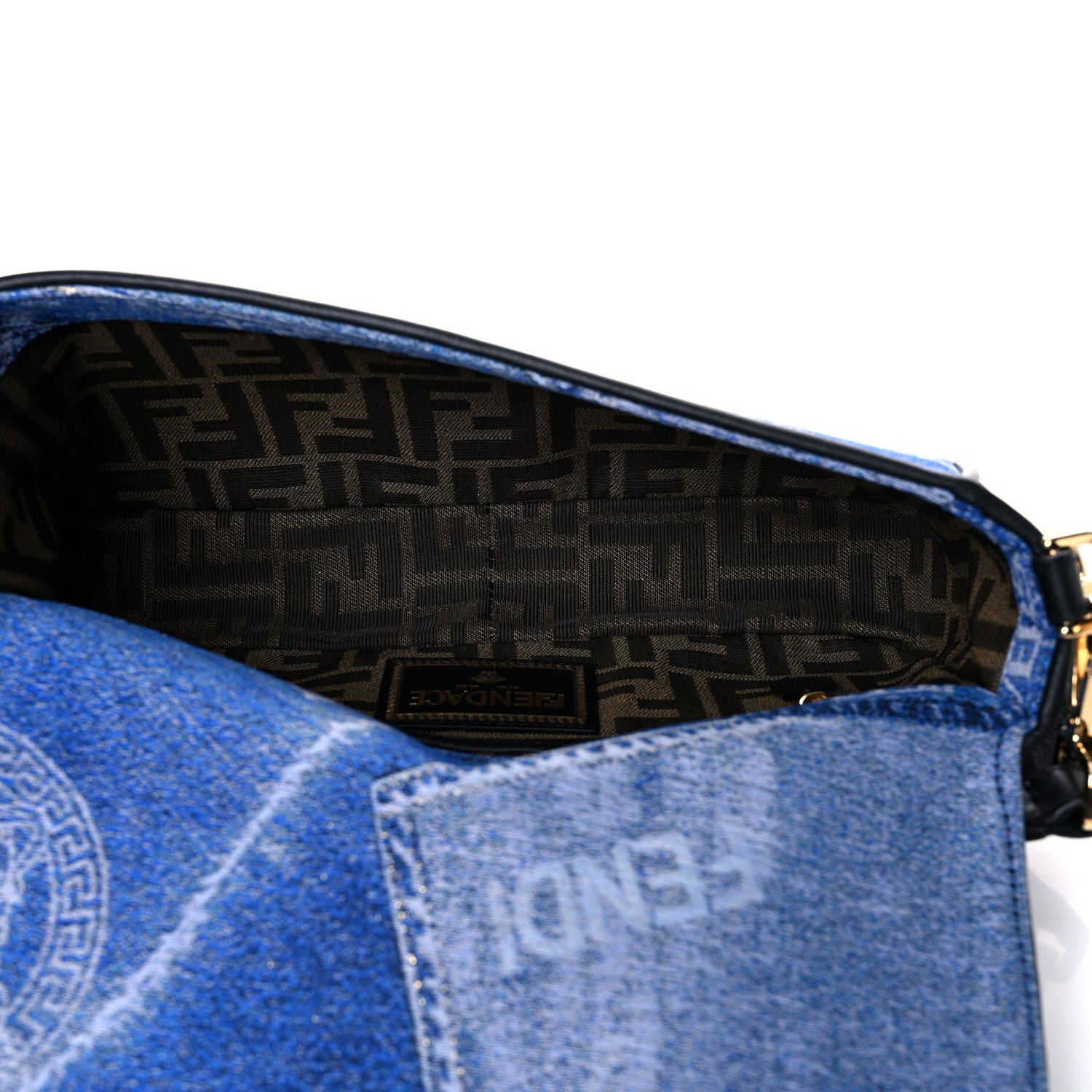 Versace X FENDI Fabric Calfskin Medusa Denim Patchwork Print Baguette Blue Black Gold 5 of 9