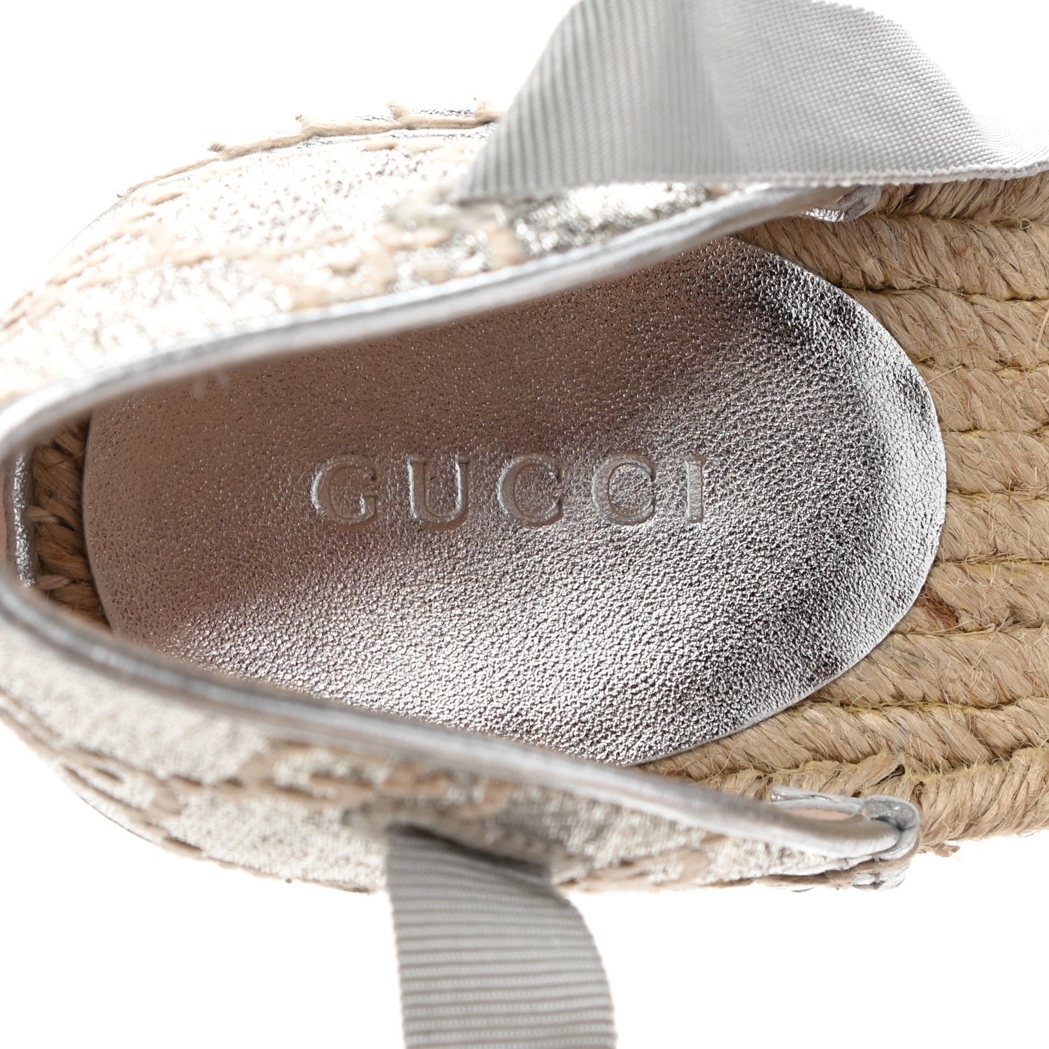 Gucci Lame GG Monogram Ankle Wrap Platform Espadrille Wedges 38 Silver Beige Light Grey 7 of 9