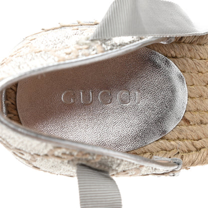 Gucci Lame GG Monogram Ankle Wrap Platform Espadrille Wedges 38 Silver Beige Light Grey 7 of 9