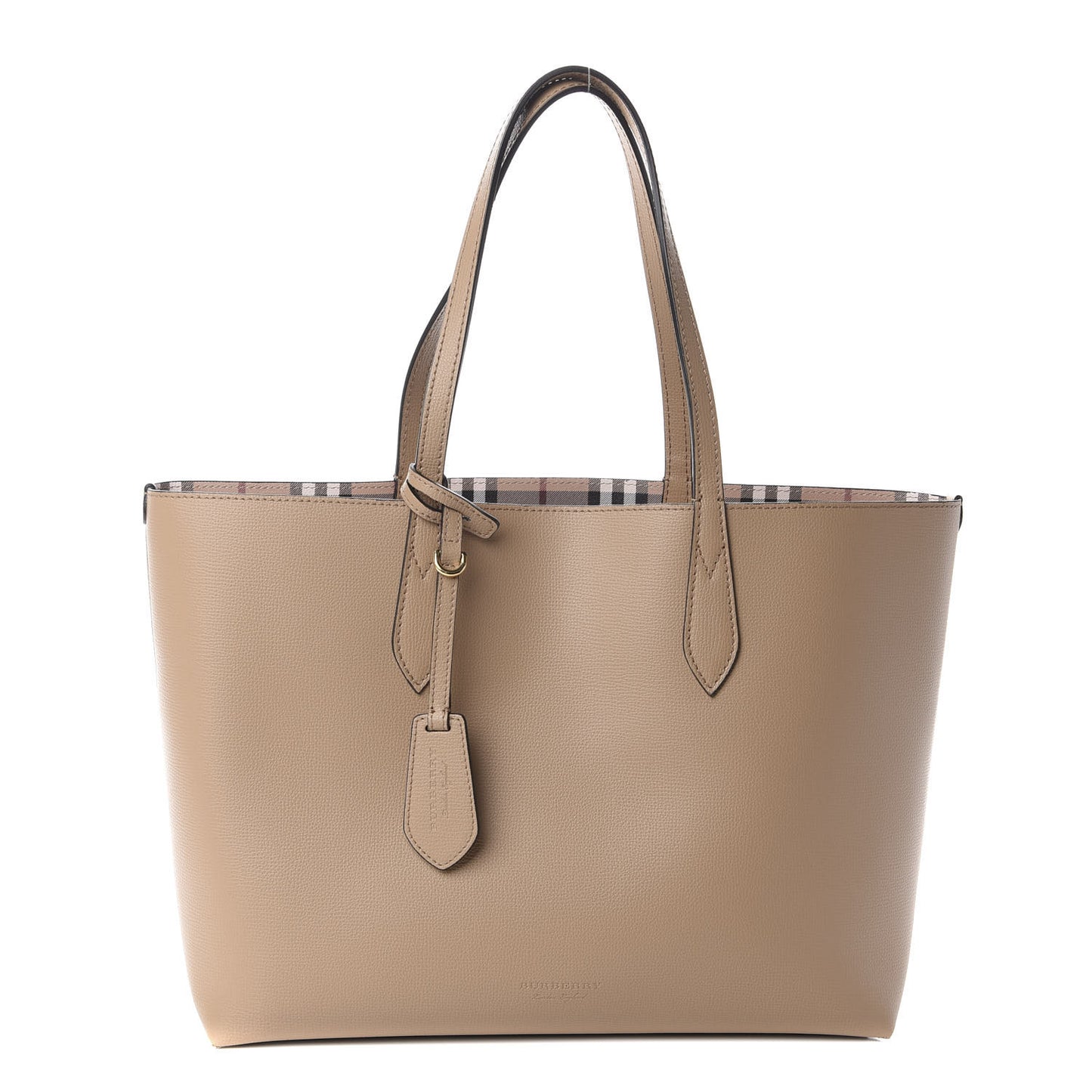 Grainy Calfskin Haymarket Check Medium Reversible Tote Camel