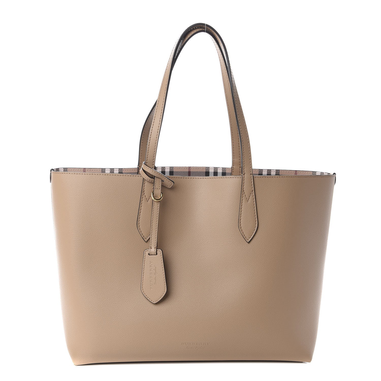Burberry Grainy Calfskin Haymarket Check Medium Reversible Tote Camel 1 of 14