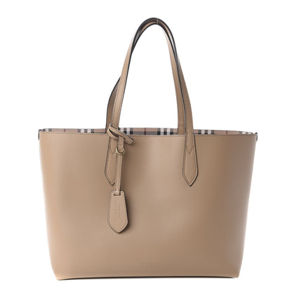 Burberry Grainy Calfskin Haymarket Check Medium Reversible Tote Camel 1 of 14